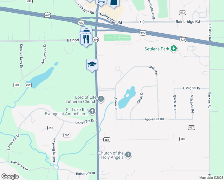 map of restaurants, bars, coffee shops, grocery stores, and more near 8577 Pilgrim Avenue in Chagrin Falls