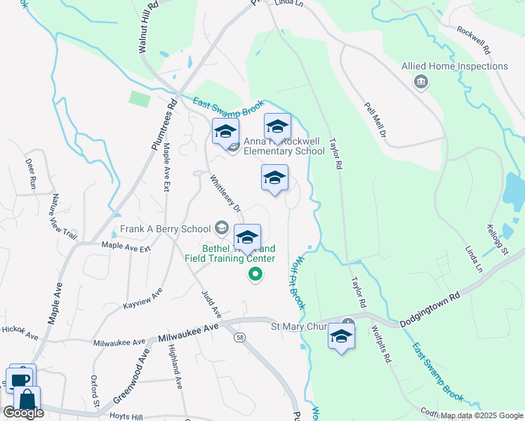 map of restaurants, bars, coffee shops, grocery stores, and more near 300 Whittlesey Drive in Bethel