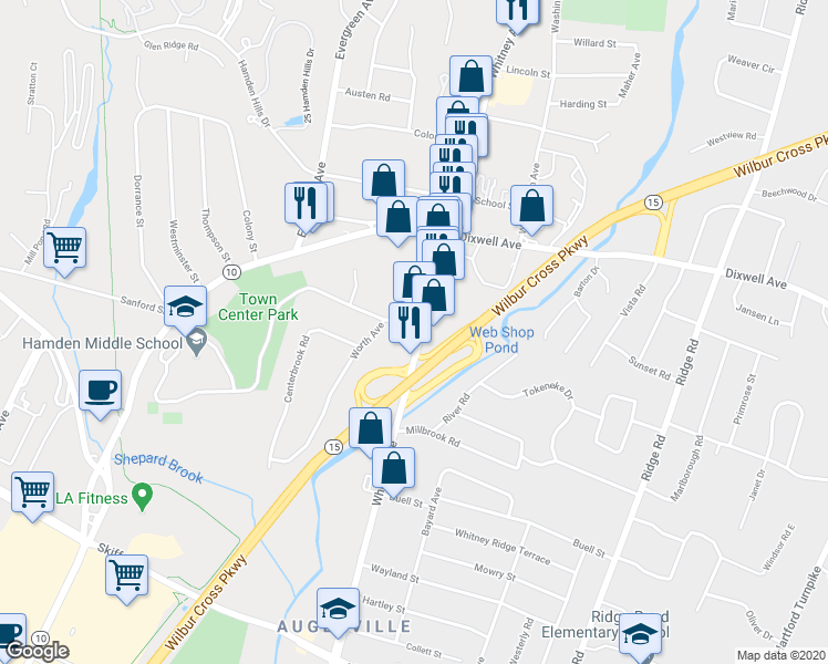 map of restaurants, bars, coffee shops, grocery stores, and more near 2276 Whitney Avenue in Hamden