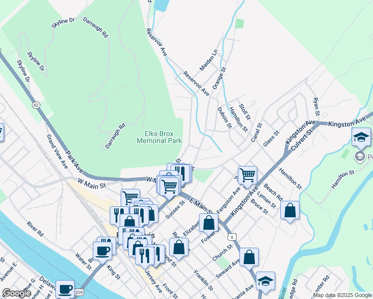map of restaurants, bars, coffee shops, grocery stores, and more near 37 Hudson Street in Port Jervis
