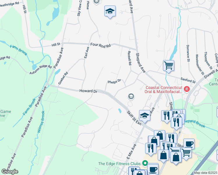 map of restaurants, bars, coffee shops, grocery stores, and more near 90 Phelps Drive in Hamden