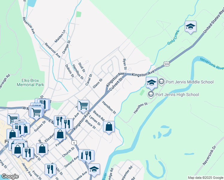 map of restaurants, bars, coffee shops, grocery stores, and more near 7 Culvert Street in Port Jervis