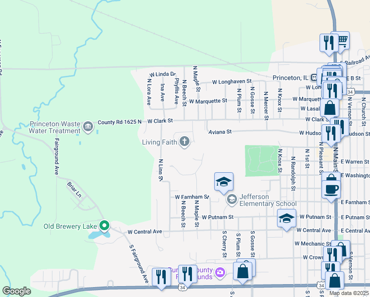map of restaurants, bars, coffee shops, grocery stores, and more near 1108 North Jacqualine Lane in Princeton