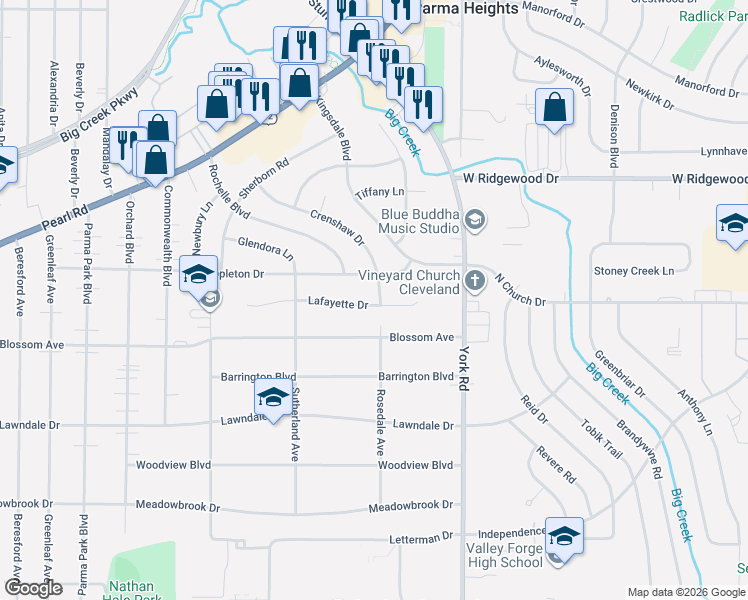 map of restaurants, bars, coffee shops, grocery stores, and more near 6744 Crenshaw Drive in Parma Heights