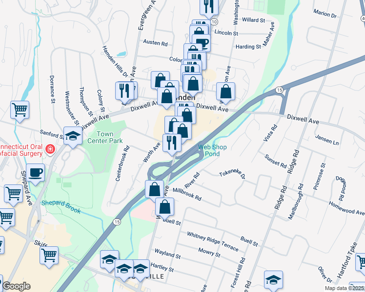 map of restaurants, bars, coffee shops, grocery stores, and more near 2276 Whitney Avenue in Hamden