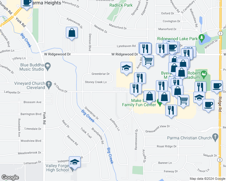 map of restaurants, bars, coffee shops, grocery stores, and more near 9170B North Church Drive in Parma Heights