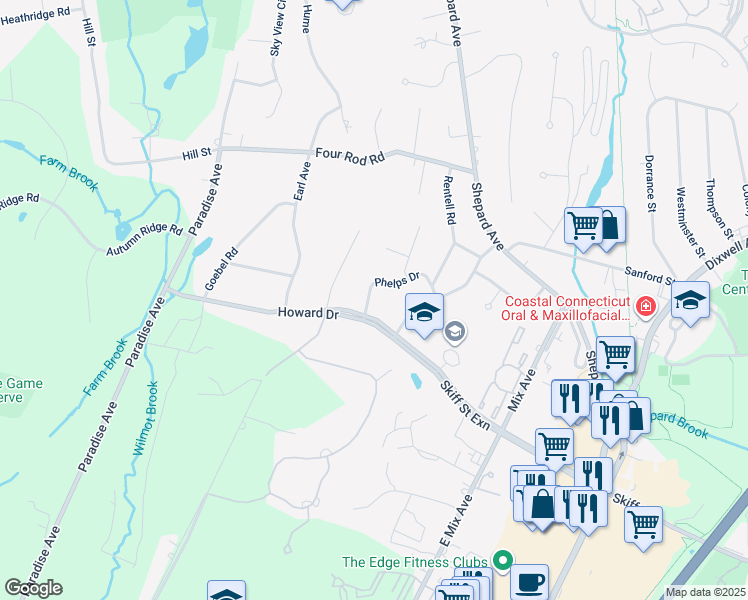 map of restaurants, bars, coffee shops, grocery stores, and more near 90 Phelps Drive in Hamden