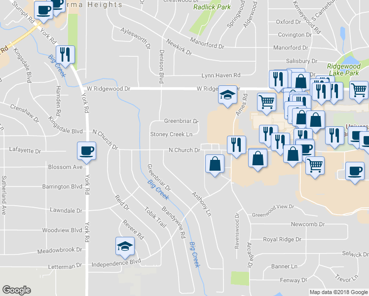 map of restaurants, bars, coffee shops, grocery stores, and more near 9270B North Church Drive in Parma Heights