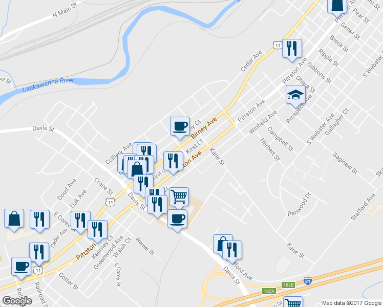 map of restaurants, bars, coffee shops, grocery stores, and more near 2728 Pittston Avenue in Scranton