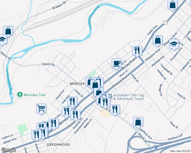 map of restaurants, bars, coffee shops, grocery stores, and more near 2924 Cedar Avenue in Scranton