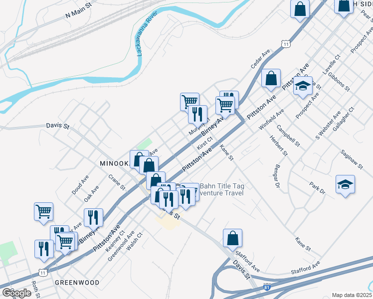map of restaurants, bars, coffee shops, grocery stores, and more near 2809 Birney Avenue in Scranton