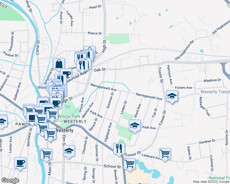 map of restaurants, bars, coffee shops, grocery stores, and more near 58 Highland Avenue in Westerly