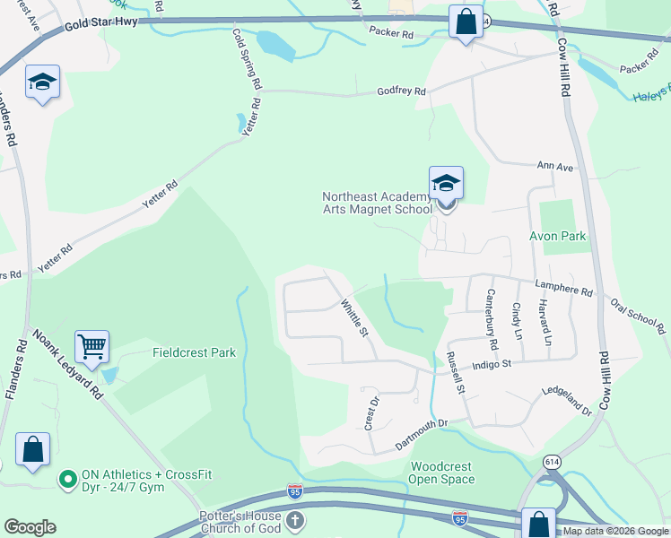 map of restaurants, bars, coffee shops, grocery stores, and more near 124 Whittle Street in Groton