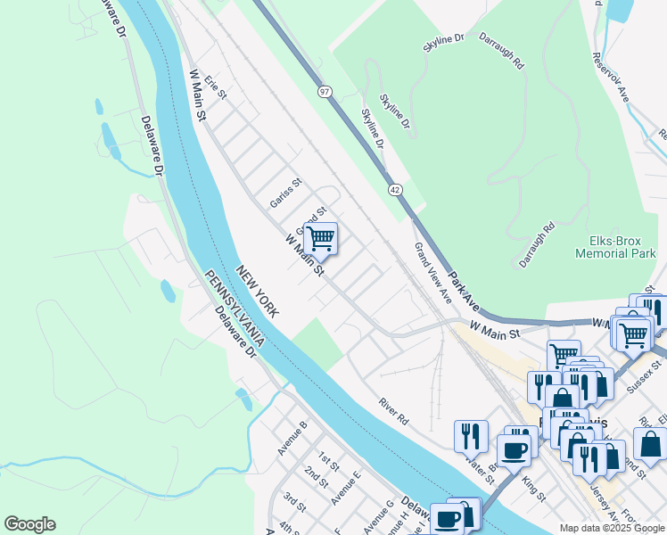 map of restaurants, bars, coffee shops, grocery stores, and more near 179 West Main Street in Port Jervis