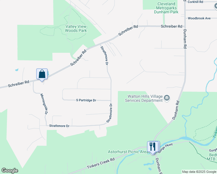map of restaurants, bars, coffee shops, grocery stores, and more near 6700 Strathmore Drive in Valley View