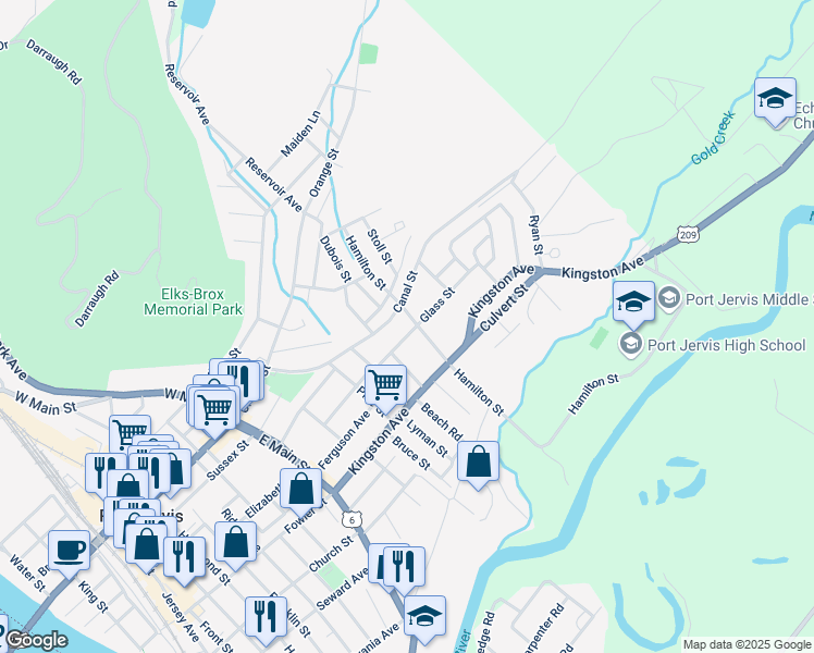 map of restaurants, bars, coffee shops, grocery stores, and more near 26-28 Hamilton Street in Port Jervis