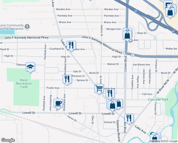 map of restaurants, bars, coffee shops, grocery stores, and more near 845 Bond Street in Elyria