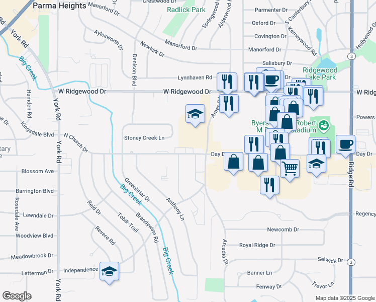 map of restaurants, bars, coffee shops, grocery stores, and more near 9120A North Church Drive in Parma Heights