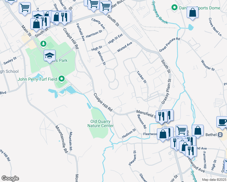 map of restaurants, bars, coffee shops, grocery stores, and more near 41 Fairfield Ridge in Danbury