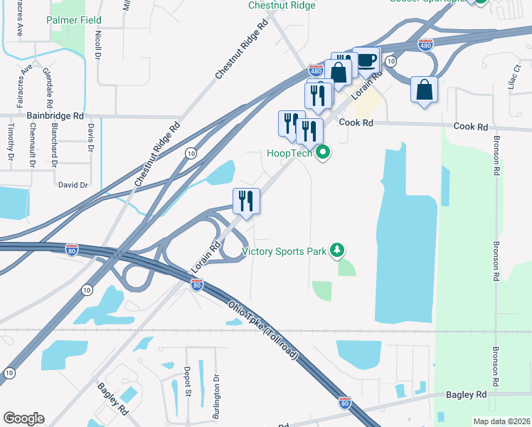 map of restaurants, bars, coffee shops, grocery stores, and more near 32801 Lorain Road in North Ridgeville