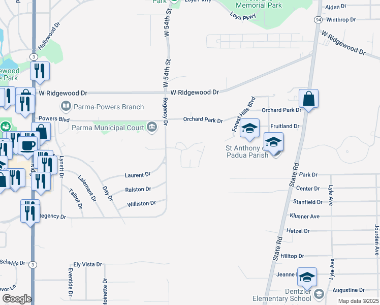 map of restaurants, bars, coffee shops, grocery stores, and more near 6813 Rolling Meadow Drive in Cleveland
