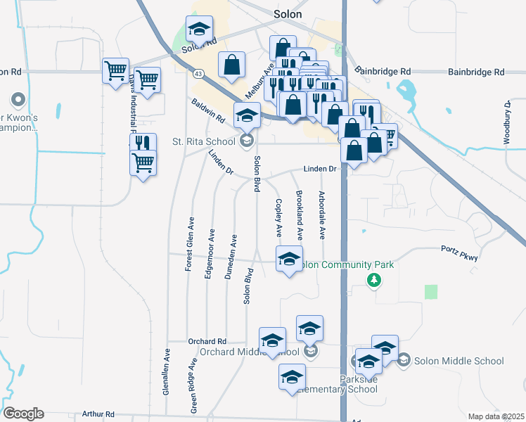 map of restaurants, bars, coffee shops, grocery stores, and more near 6561 Solon Boulevard in Solon
