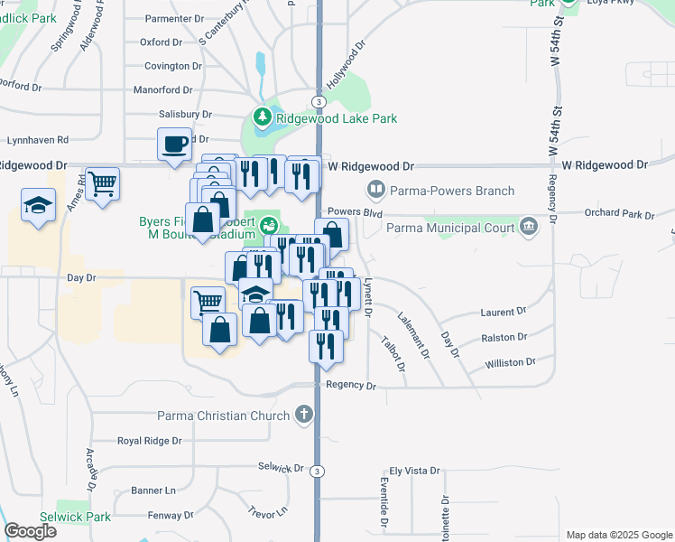 map of restaurants, bars, coffee shops, grocery stores, and more near 6743 Ridge Road in Parma