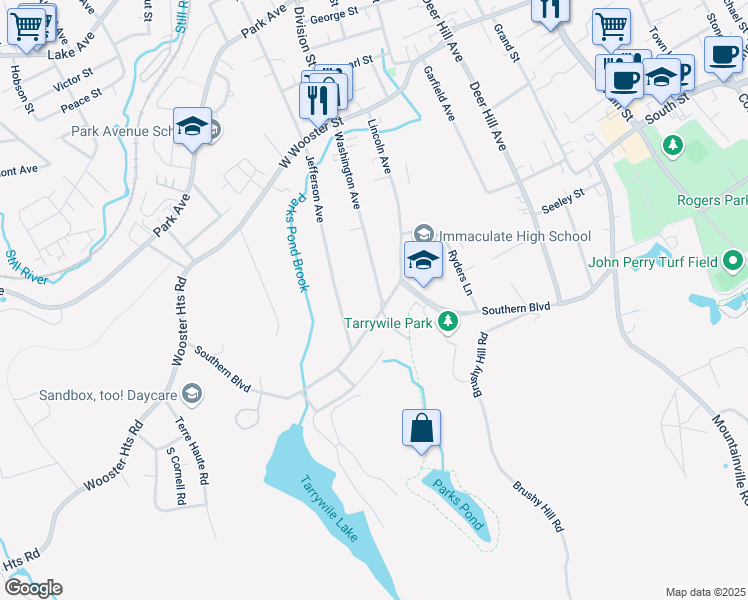 map of restaurants, bars, coffee shops, grocery stores, and more near 2 Washington Avenue in Danbury