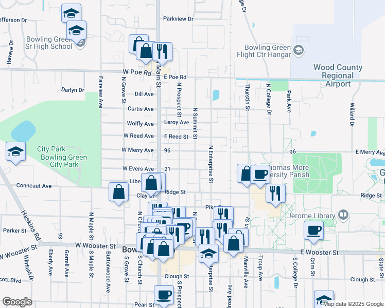 map of restaurants, bars, coffee shops, grocery stores, and more near 519 North Summit Street in Bowling Green