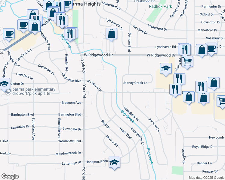 map of restaurants, bars, coffee shops, grocery stores, and more near 10085 North Church Drive in Parma Heights