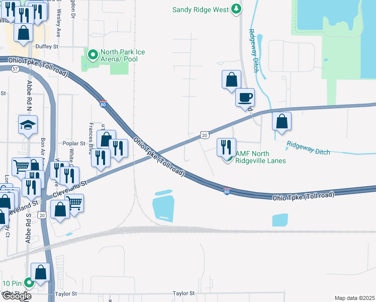map of restaurants, bars, coffee shops, grocery stores, and more near 39221 Center Ridge Road in North Ridgeville