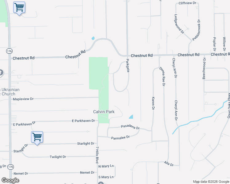 map of restaurants, bars, coffee shops, grocery stores, and more near 6816 Parkgate Oval in Seven Hills