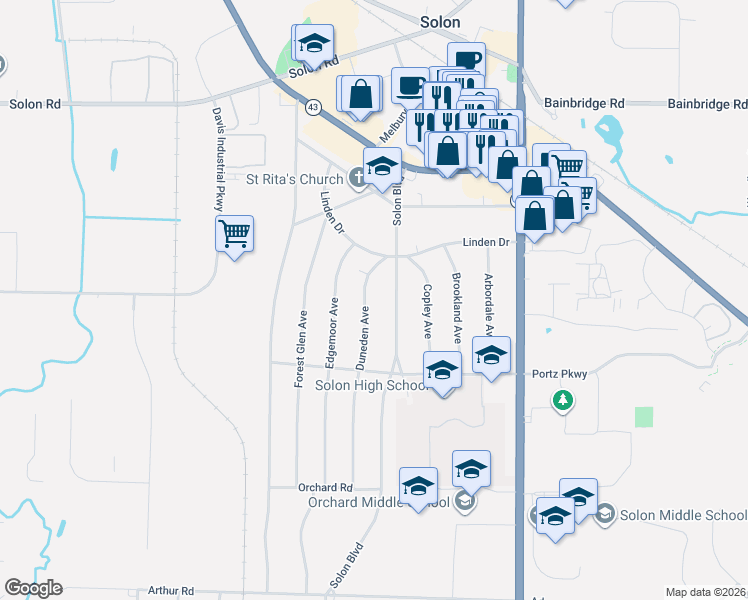 map of restaurants, bars, coffee shops, grocery stores, and more near 6575 Duneden Avenue in Solon
