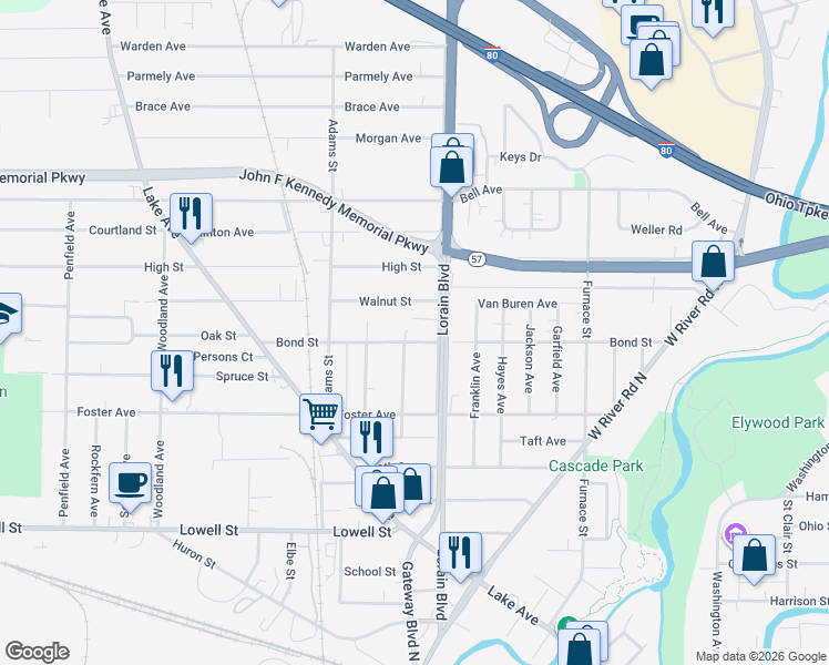 map of restaurants, bars, coffee shops, grocery stores, and more near 446 Lorain Boulevard in Elyria