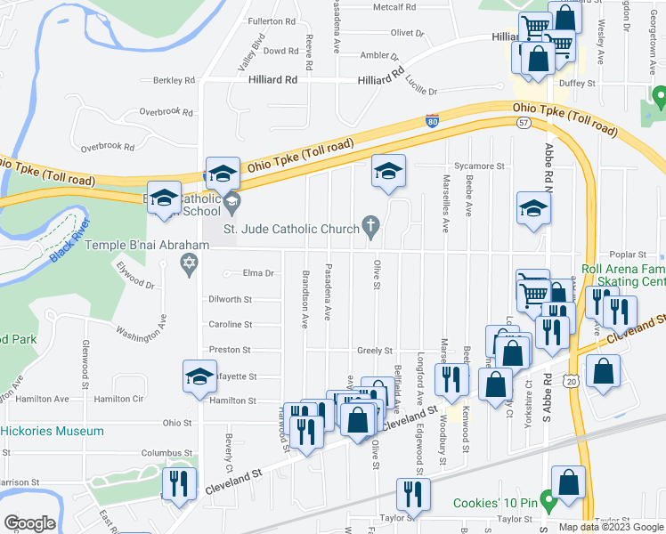 map of restaurants, bars, coffee shops, grocery stores, and more near 285 Pasadena Avenue in Elyria