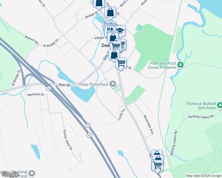 map of restaurants, bars, coffee shops, grocery stores, and more near 25 Union Street in Deep River