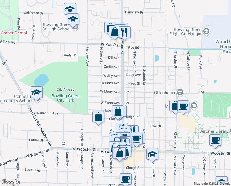 map of restaurants, bars, coffee shops, grocery stores, and more near 206 West Evers Avenue in Bowling Green