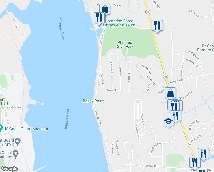 map of restaurants, bars, coffee shops, grocery stores, and more near 12 Lewis Street in Groton