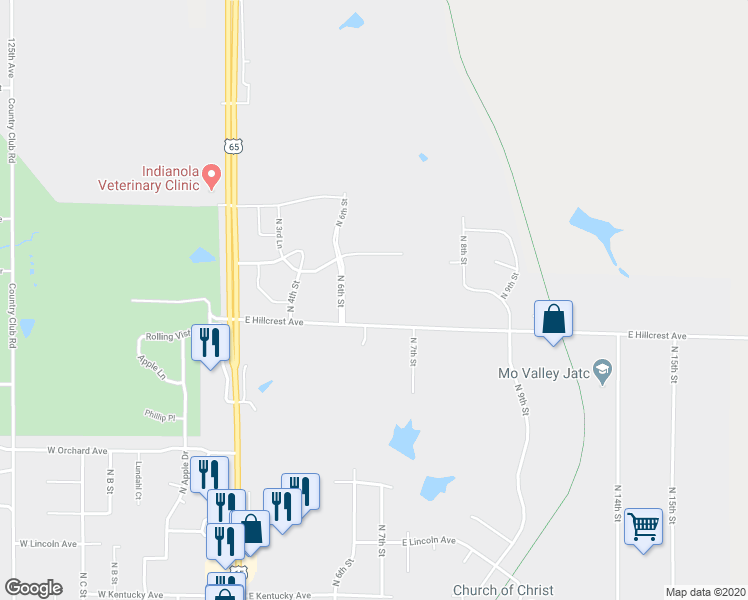 map of restaurants, bars, coffee shops, grocery stores, and more near 604 East Hillcrest Drive in Indianola