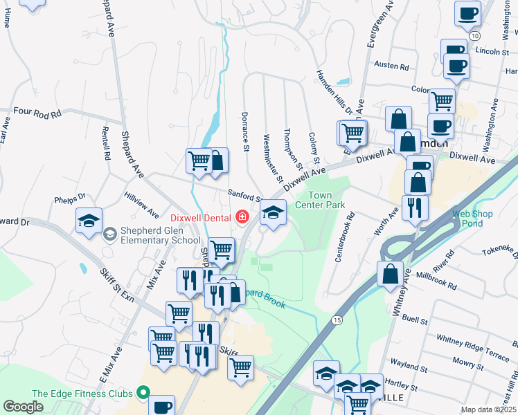 map of restaurants, bars, coffee shops, grocery stores, and more near 2584 Dixwell Avenue in Hamden
