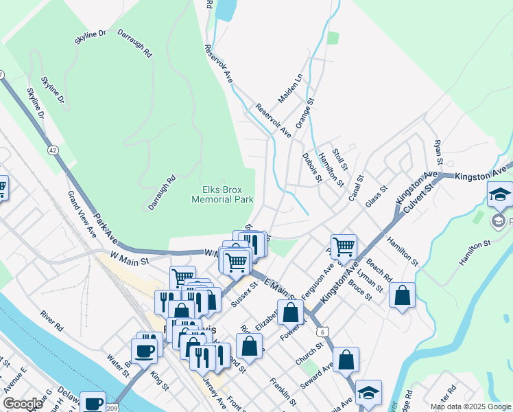 map of restaurants, bars, coffee shops, grocery stores, and more near 37 Hudson Street in Port Jervis