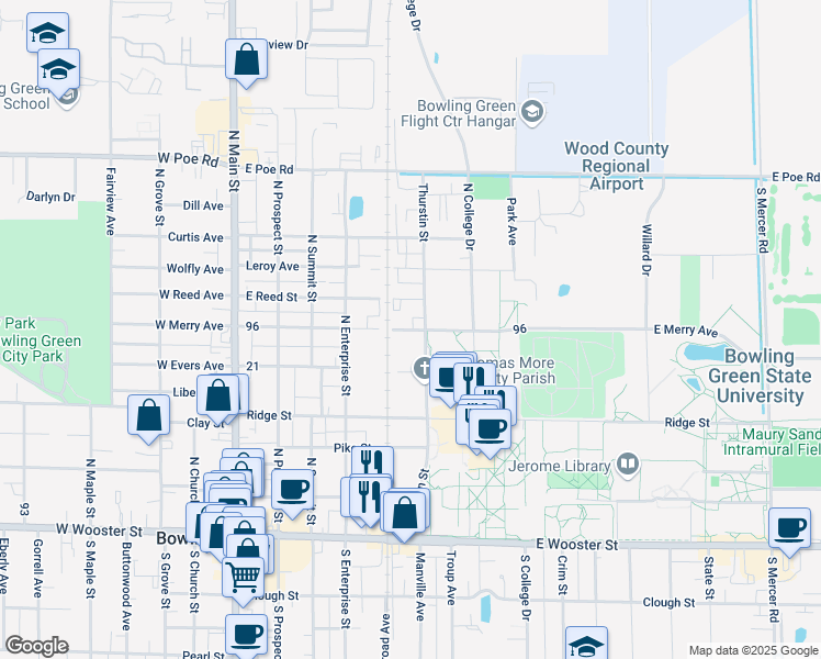 map of restaurants, bars, coffee shops, grocery stores, and more near 530 East Merry Avenue in Bowling Green