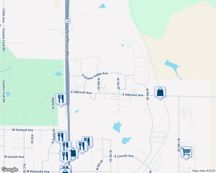 map of restaurants, bars, coffee shops, grocery stores, and more near 604 East Hillcrest Drive in Indianola