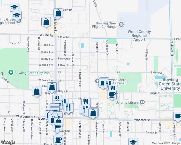 map of restaurants, bars, coffee shops, grocery stores, and more near 707 East Merry Avenue in Bowling Green