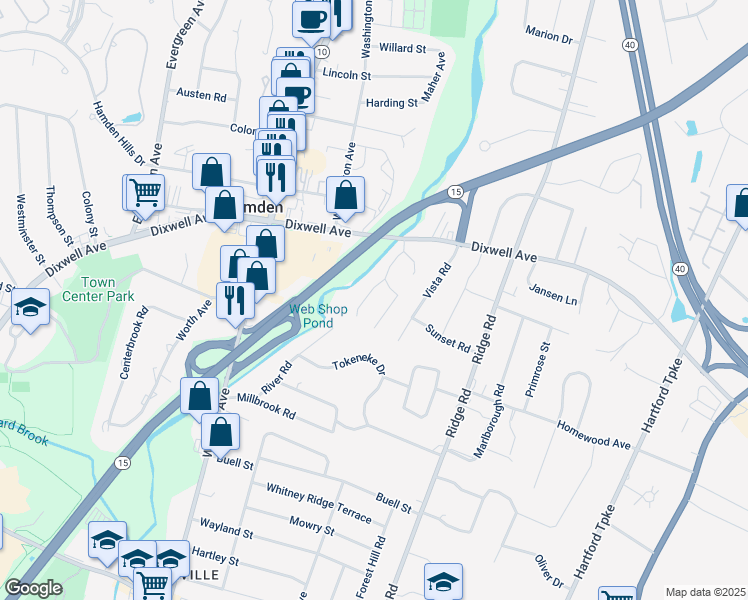 map of restaurants, bars, coffee shops, grocery stores, and more near 22 Edgewater Road in North Haven