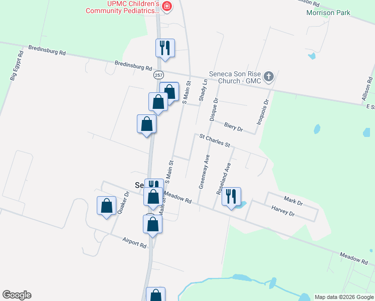 map of restaurants, bars, coffee shops, grocery stores, and more near 123 Rodgers Lane in Seneca