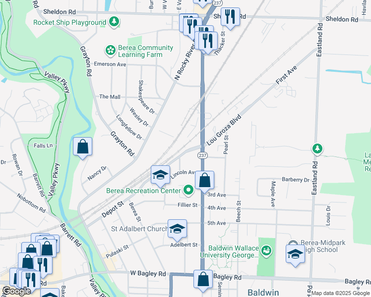 map of restaurants, bars, coffee shops, grocery stores, and more near 30 Depot Street in Berea
