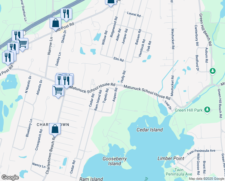 map of restaurants, bars, coffee shops, grocery stores, and more near 41 Aspen Road in South Kingstown