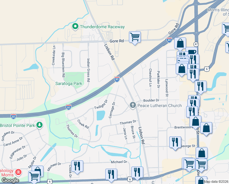 map of restaurants, bars, coffee shops, grocery stores, and more near 207 Carriage Drive in Morris