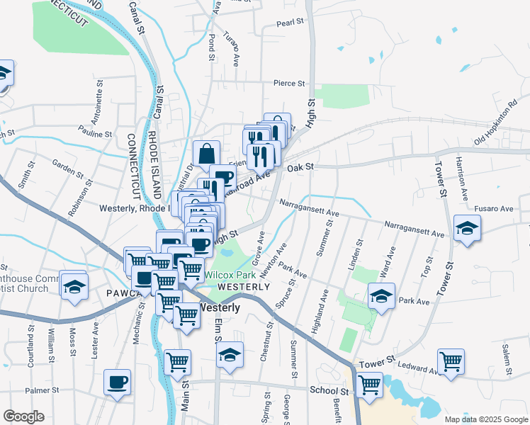map of restaurants, bars, coffee shops, grocery stores, and more near 45 Grove Avenue in Westerly